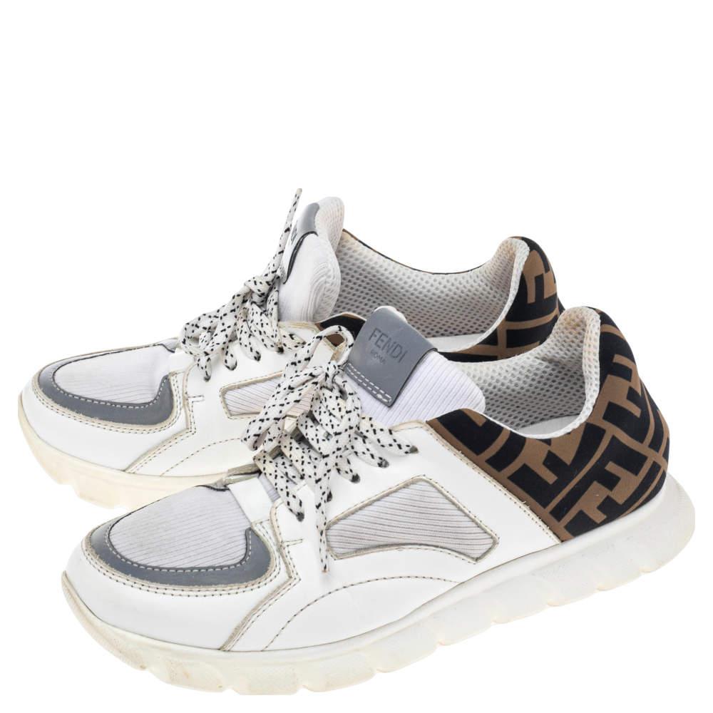 Fendi White/Brown Leather And Fabric Low Top Sneakers Size 38商品第4张图片规格展示