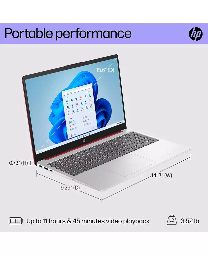 商品HP|Essential Laptop, 15.6" HD 1366 768 Non-touch 60Hz, Intel N-Series N200, Intel UHD Graphics, 4GB DDR4 RAM, 128GB eMMC, Wi-Fi 5, Windows 11 Home, Red,价格¥2232,第2张图片详细描述