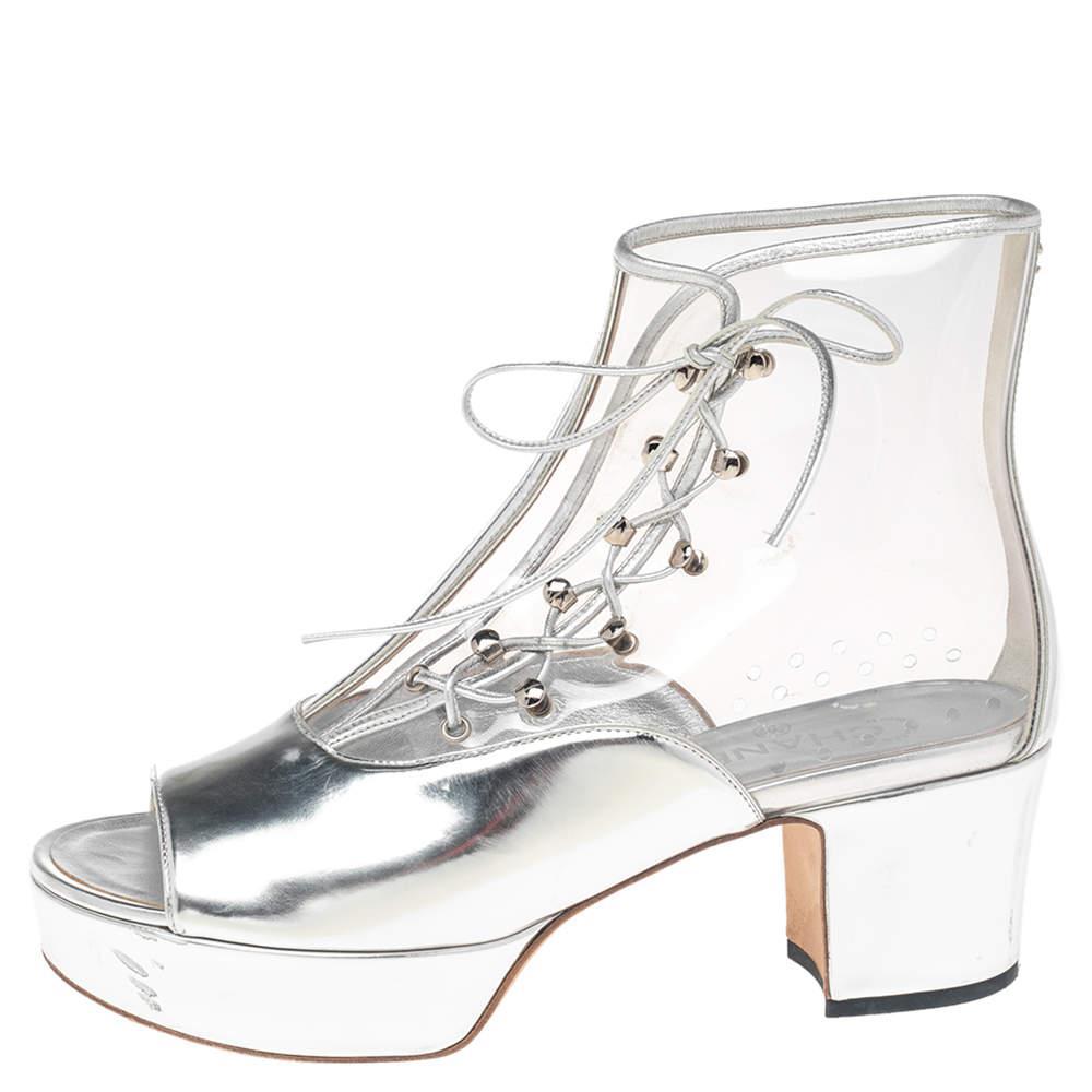 商品[二手商品] Chanel|Chanel Silver/Transparent Leather and PVC Lace Open Toe Ankle Boots Size 40,价格¥4244,第4张图片详细描述