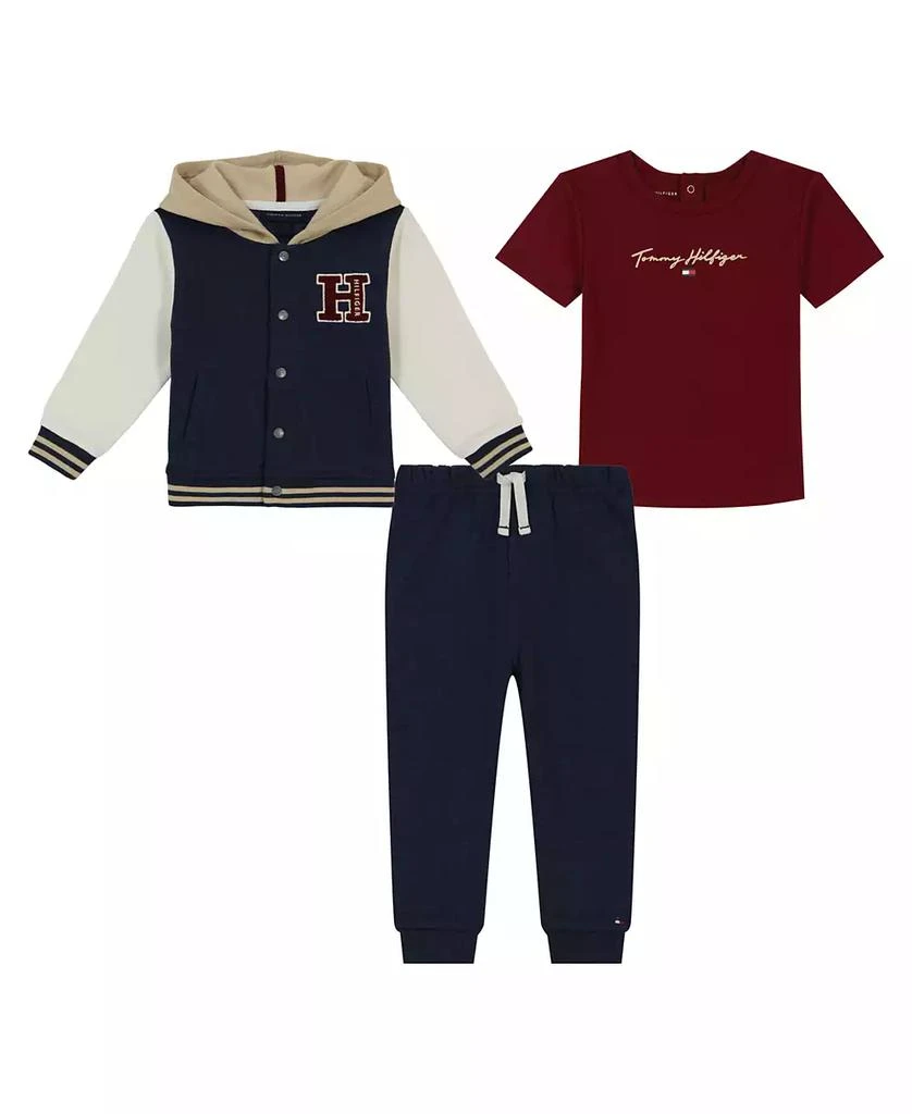 商品Tommy Hilfiger|Baby Boy Fleece Hooded Baseball Jacket, Short Sleeve Tee and Joggers 3-Piece Set,价格¥266,第1张图片