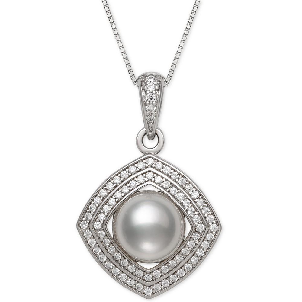 Cultured Freshwater Pearl (8mm) & Cubic Zirconia 18" Pendant Necklace in Sterling Silver商品第1张图片规格展示