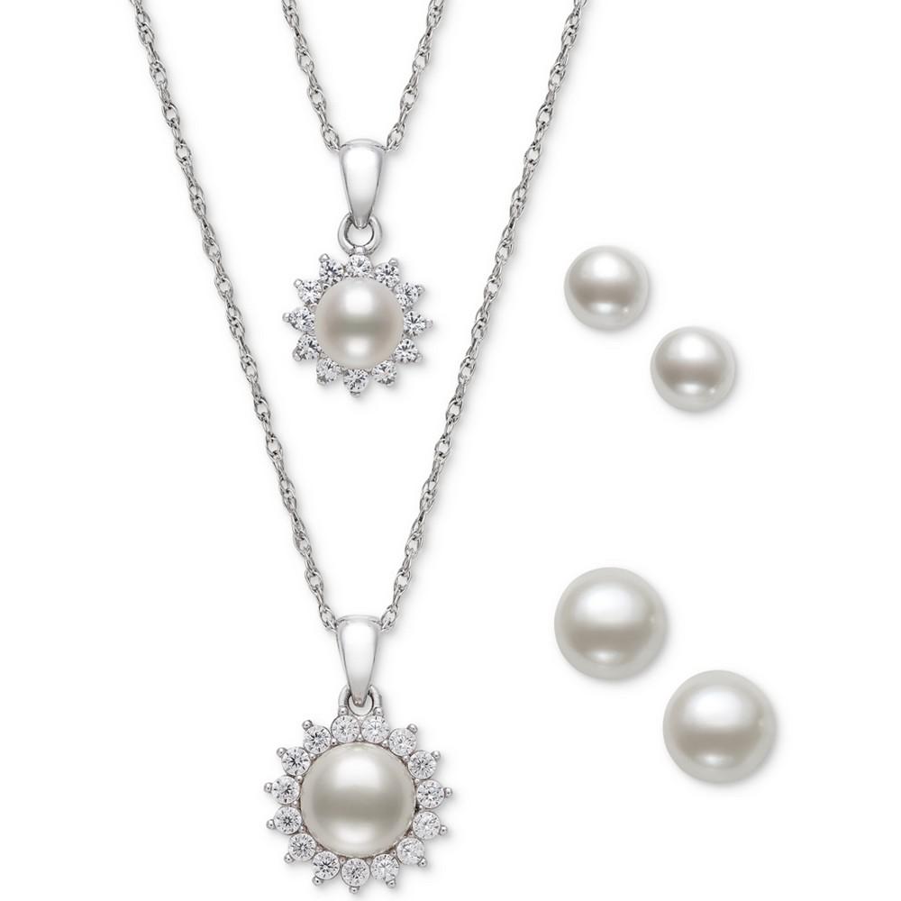 4-Pc. Set White Cultured Freshwater Pearl & Cubic Zirconia Mommy & Me Pendant Necklaces and Stud Earrings in Sterling Silver, (Also in Pink Cultured Freshwater Pearl), Created for Macy's商品第4张图片规格展示