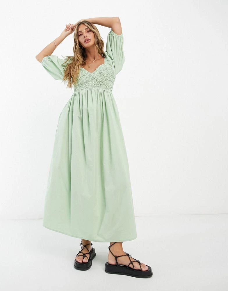 商品ASOS|ASOS DESIGN cotton shirred corset midi dress in sage green,价格¥215,第3张图片详细描述