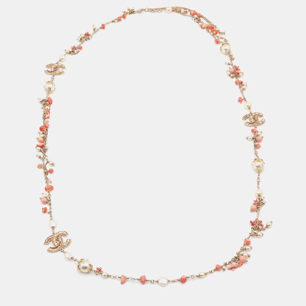 Chanel Gold Tone Faux Pearl Chain Necklace商品第2张图片规格展示