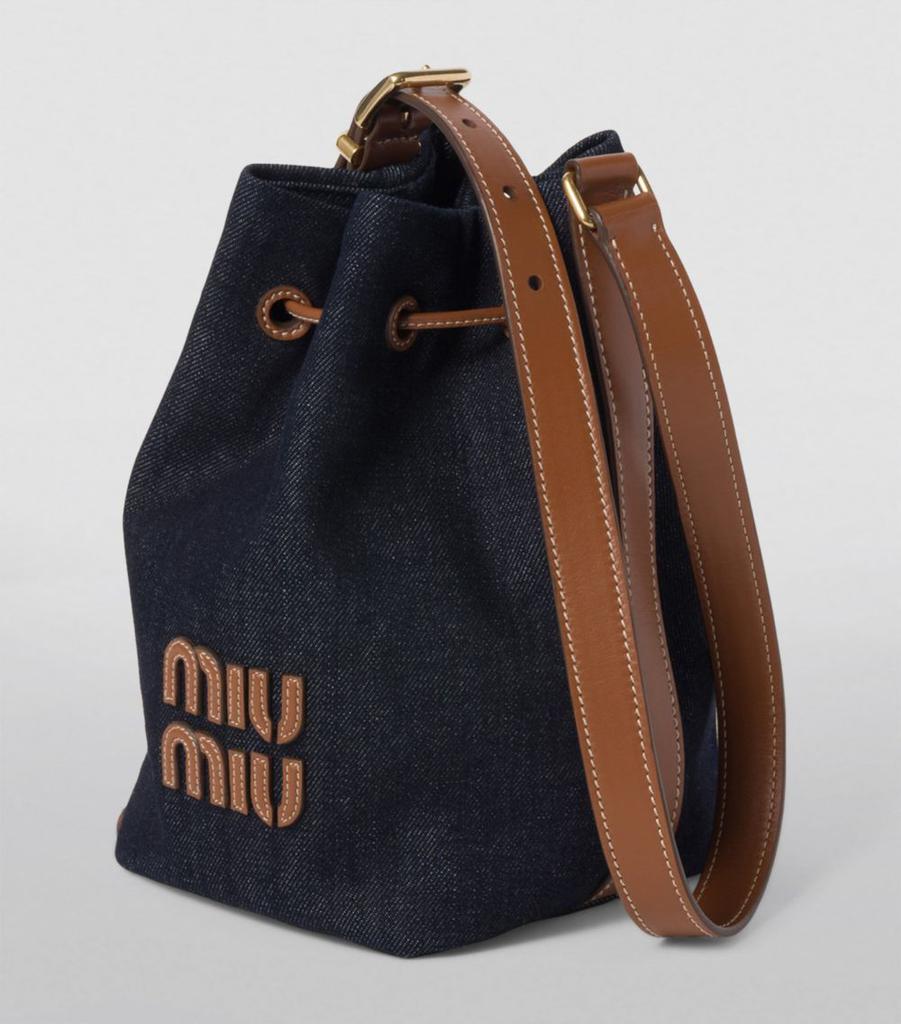 Miu Miu Denim and Leather Logo Bucket Bag - Crossbody Bags