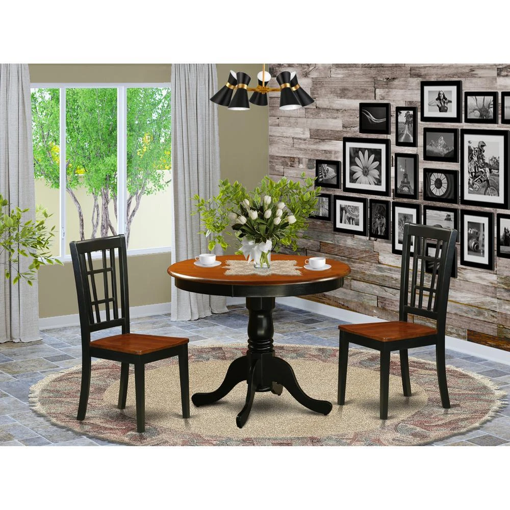 商品East West Furniture|3  PC  Dining  Table  with  2  Wood  Chairs  in  Black  and  Cherry,价格¥3353,第1张图片