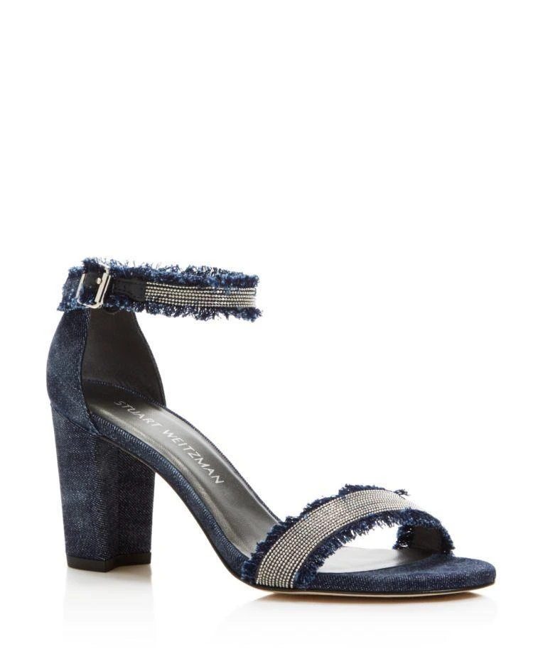 商品Stuart Weitzman|Chaingang Frayed Denim Ankle Strap High Heel Sandals,价格¥1998,第1张图片