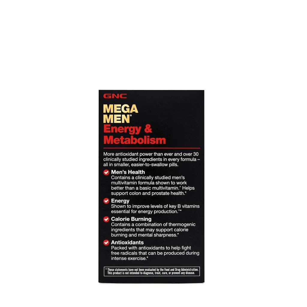 商品GNC|GNC Mega Men Energy & Metabolism Multivitamin | Increased Energy, Metabolism and Calorie Burning | 90 Count,价格¥168,第2张图片详细描述