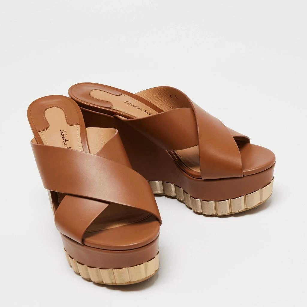 商品[二手商品] Salvatore Ferragamo|Salvatore Ferragamo Brown Leather Cross Strap Wedge Sandals Size 36.5,价格¥2862,第4张图片详细描述
