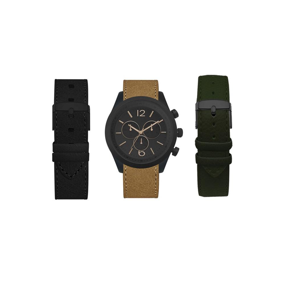 Men's Analog Black Strap Watch 44mm with Black, Light Cognac and Olive Camo Interchangeable Straps Set商品第1张图片规格展示