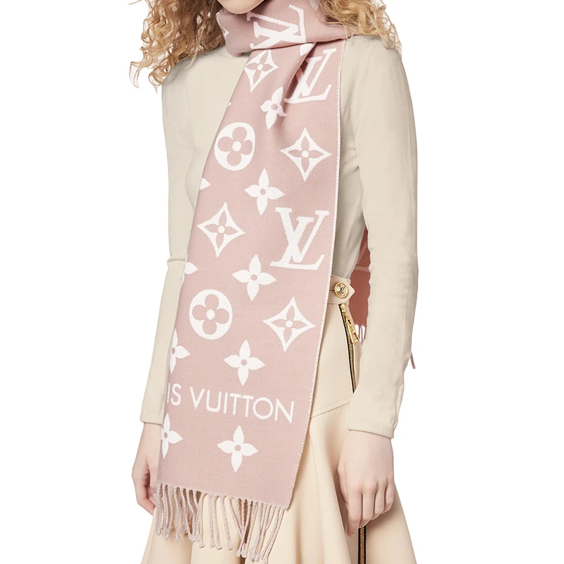 现货Louis Vuitton/路易威登 经典款 LV ESSENTIAL系列 女士米粉色纯羊毛老花印花流苏围巾 商品