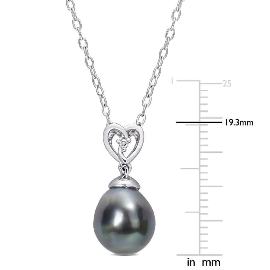 商品Amour|8-9mm Black Tahitian Cultured Pearl and White Topaz Heart Drop Pendant with Chain In Sterling Silver,价格¥446,第2张图片详细描述