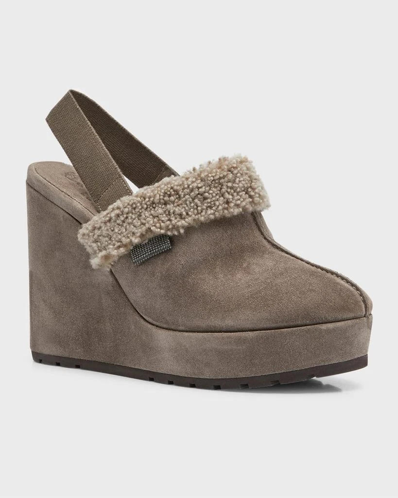 商品Brunello Cucinelli|Suede Shearling Wedge Slingback Clogs,价格¥4890,第2张图片详细描述