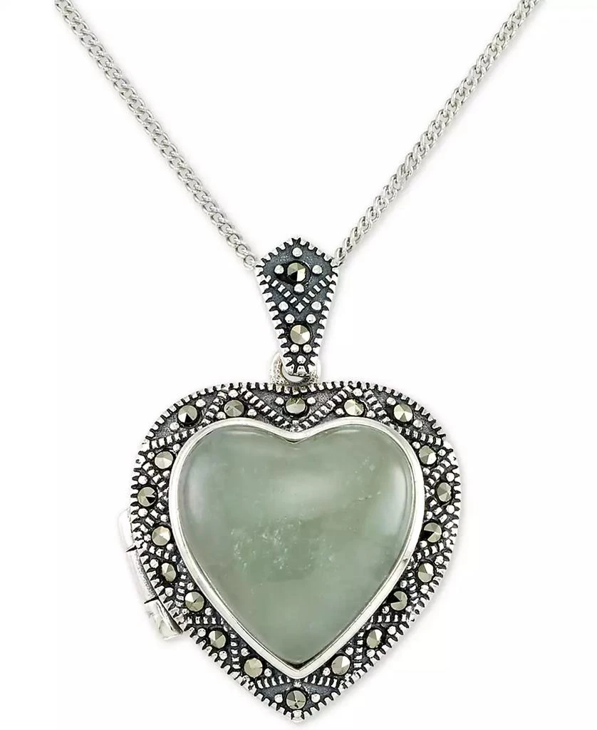 商品Macy's|Jade (13mm) & Marcasite Heart Locket 18" Pendant Necklace in Sterling Silver,价格¥468,第1张图片