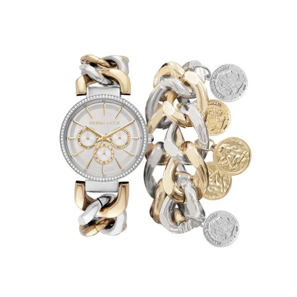 商品KENDALL & KYLIE|Women's Two-Tone Stainless Steel Metal Strap Chunky Chain Mock-Chronograph Analog Watch and Coin Bracelet Set 40 mm,价格¥152,第1张图片