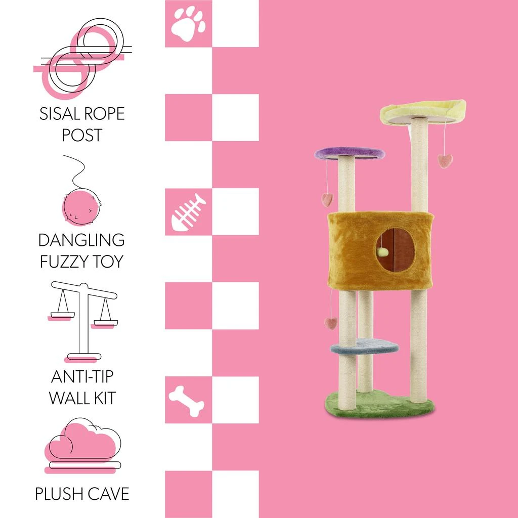 Aisling 51" 4-Tier Modern Sisal Heart Cat Tree with Scratching Posts, Napping Perch, and Dangling Toys, Multi 商品