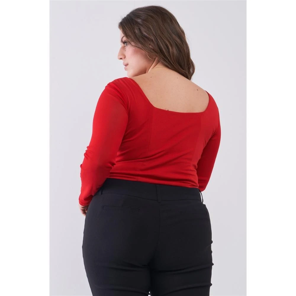 商品FASHNZFAB|Plus Size Crimson Red Long Mesh Sleeve Sweetheart Neck Detail Structured Crop Top,价格¥137,第3张图片详细描述