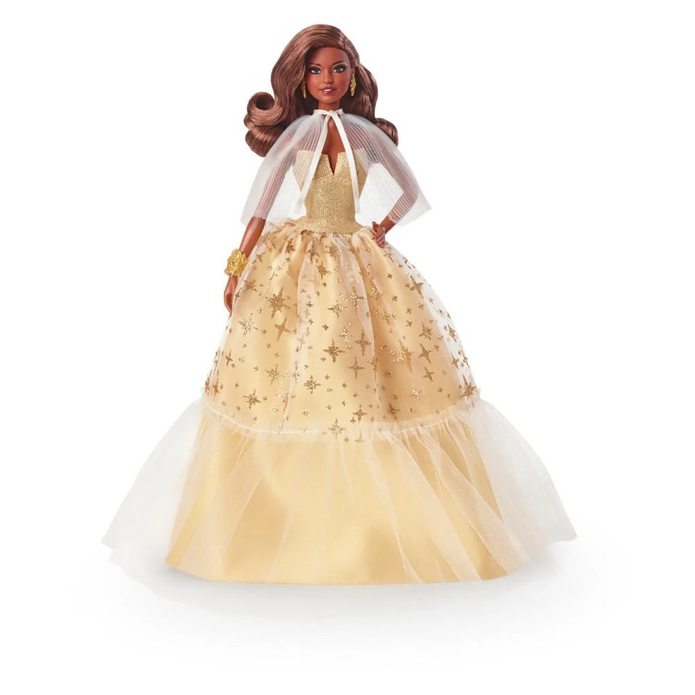 商品Barbie|Signature 2023 Holiday Collector Doll with Golden Gown and Dark Brown Hair,价格¥336,第1张图片