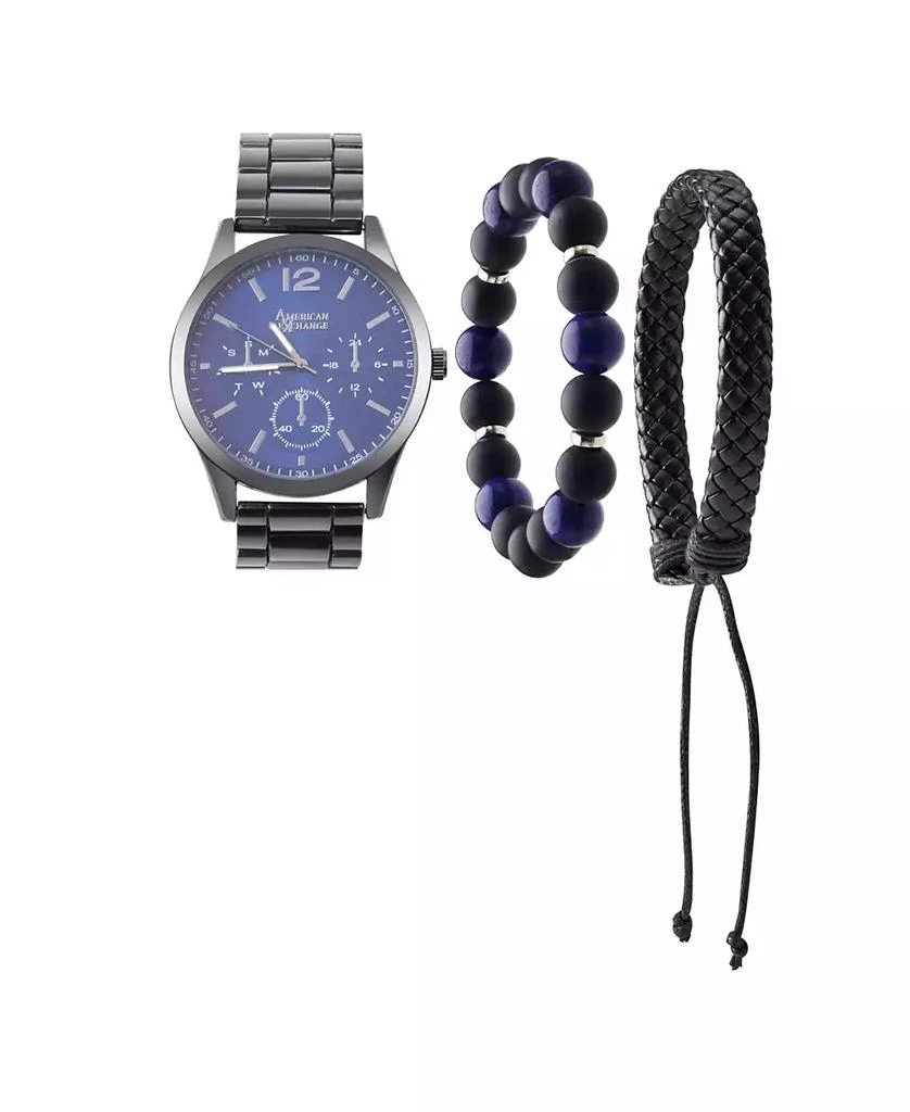 商品American Exchange|Men's Quartz Movement Shiny Gunmetal Bracelet Analog Watch, 45mm with Stackable Bracelet Set and Zippered Travel Pouch,价格¥192,第1张图片