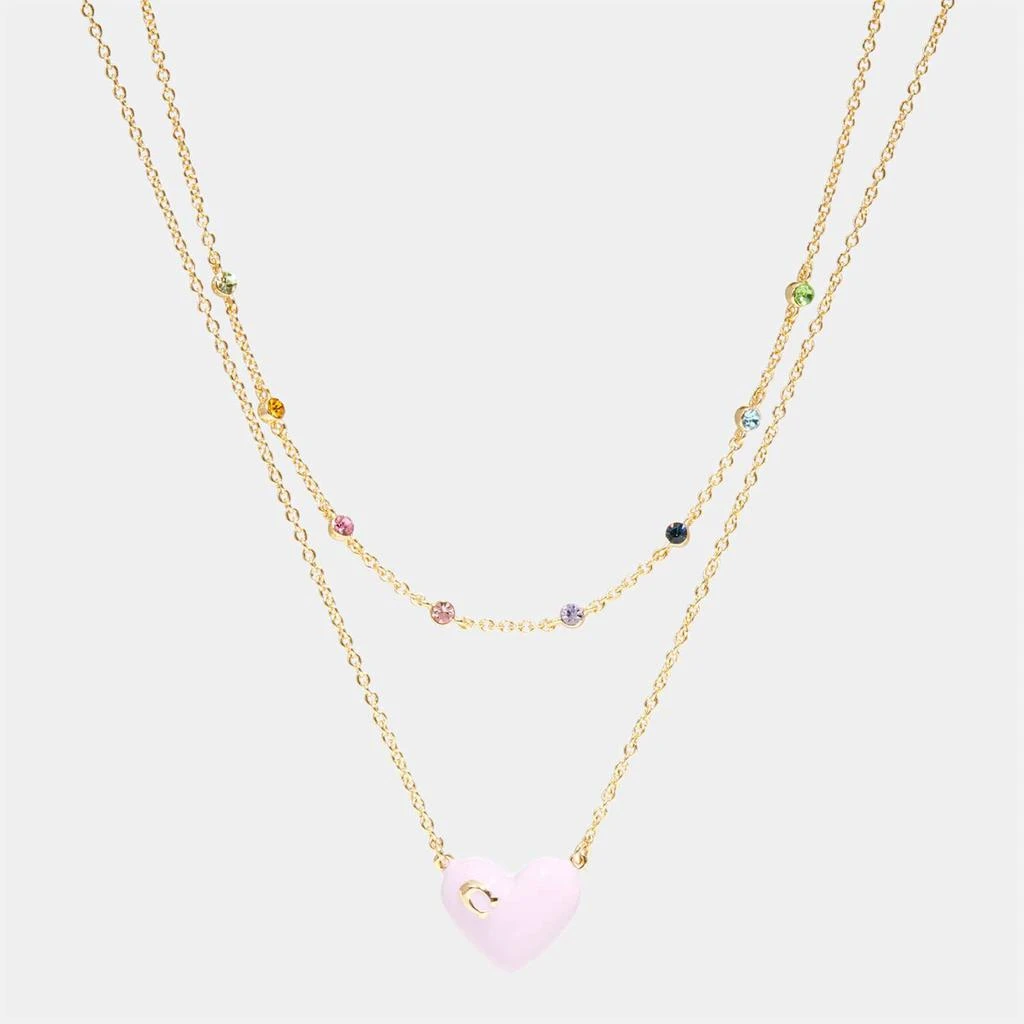 商品Coach|Coach Women's Enamel C Heart Double Chain Necklace - Gold/Pink Multi,价格¥692,第1张图片