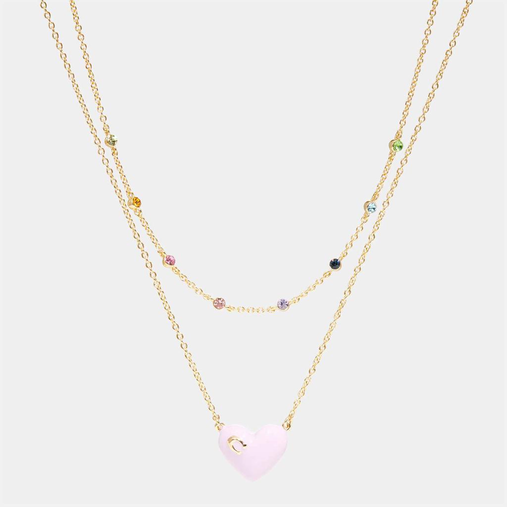 商品Coach|Coach Women's Enamel C Heart Double Chain Necklace - Gold/Pink Multi,价格¥512,第1张图片