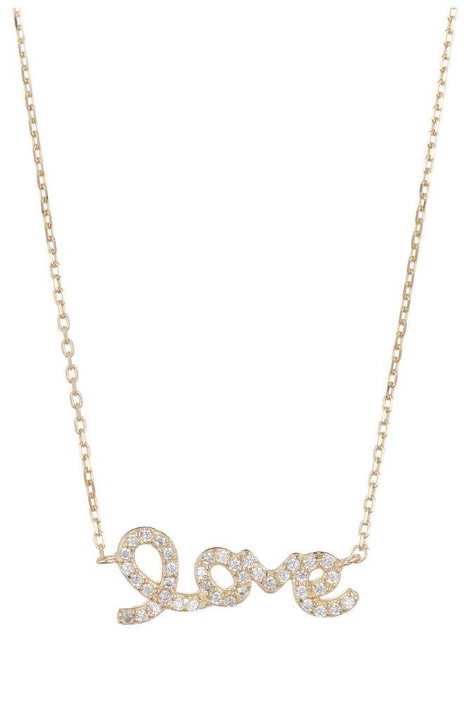 14K Yellow Gold Plated Swarovski Crystal Cursive Love Necklace商品第1张图片规格展示