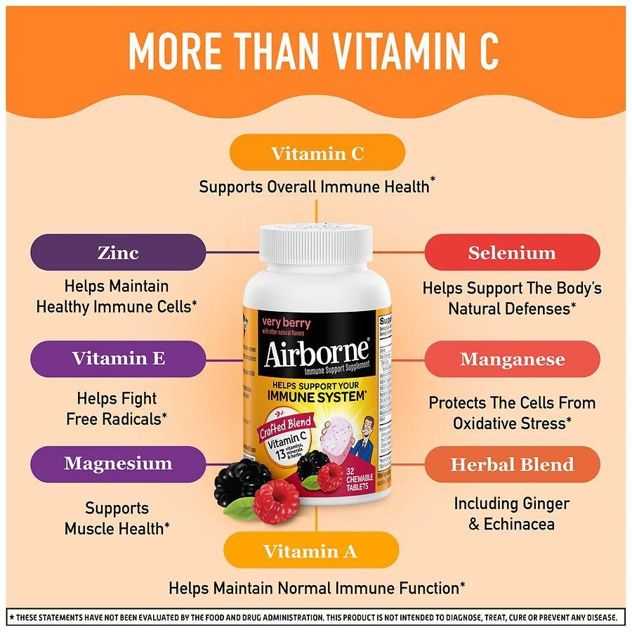 商品Airborne|Chewable Tablets, 1000mg of Vitamin C, Immune Support Supplement Very Berry,价格¥81,第4张图片详细描述