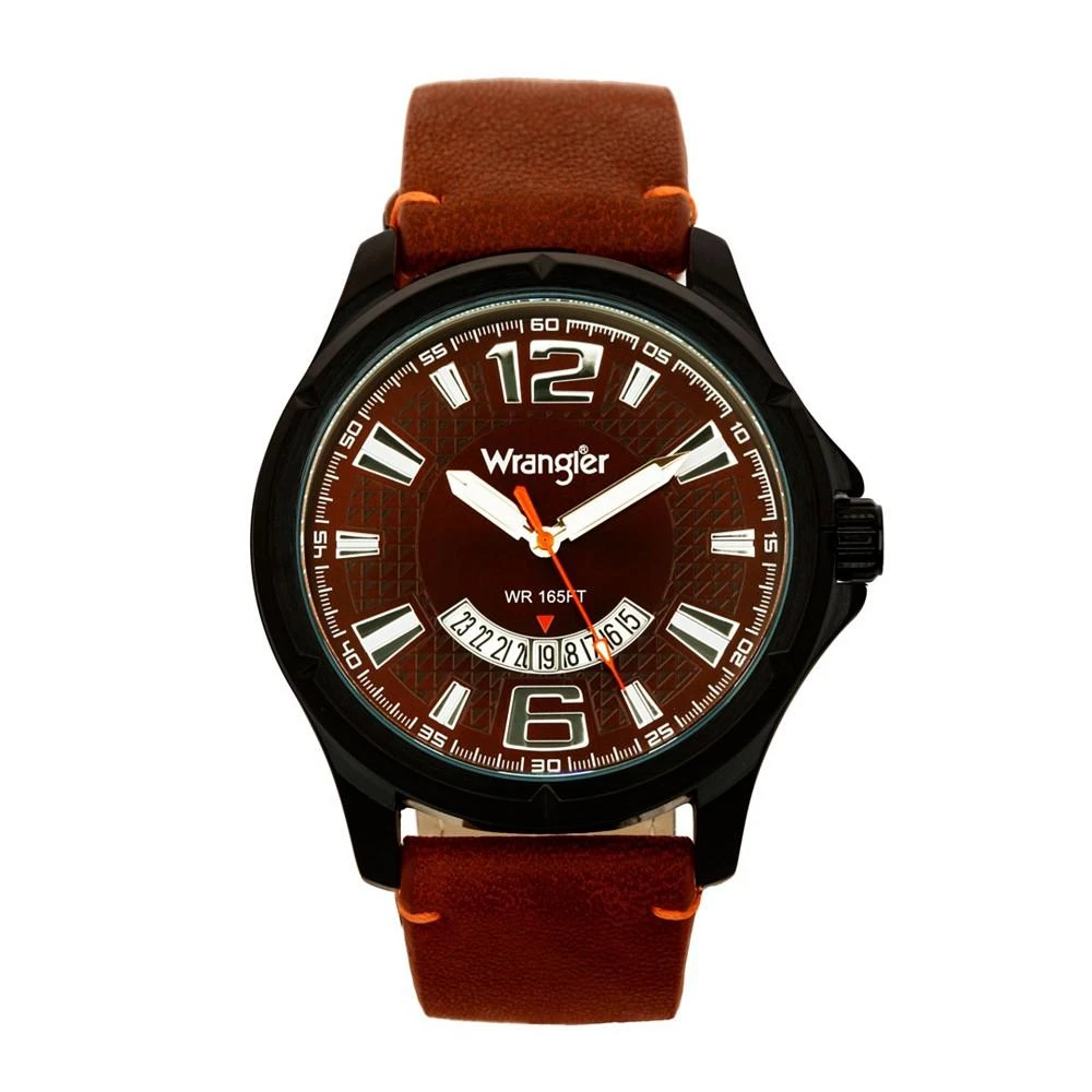 商品Wrangler|Men's Watch, 48MM IP Black Case, Brown Zoned Dial with White Markers and Crescent Cutout Date Function, Brown Strap with Red Accent Stitch Analog, Red Second Hand,价格¥452,第1张图片