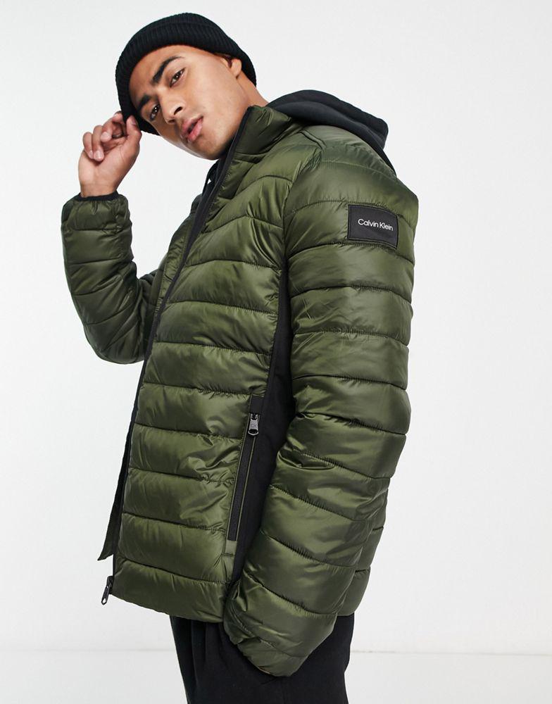 Calvin Klein polyester lightweight hooded puffer jacket in dark green商品第1张图片规格展示