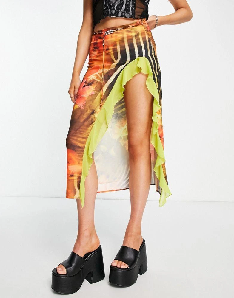 商品Jaded London|Jaded London low waist midi skirt with frilly split in multi spring print,价格¥454,第1张图片
