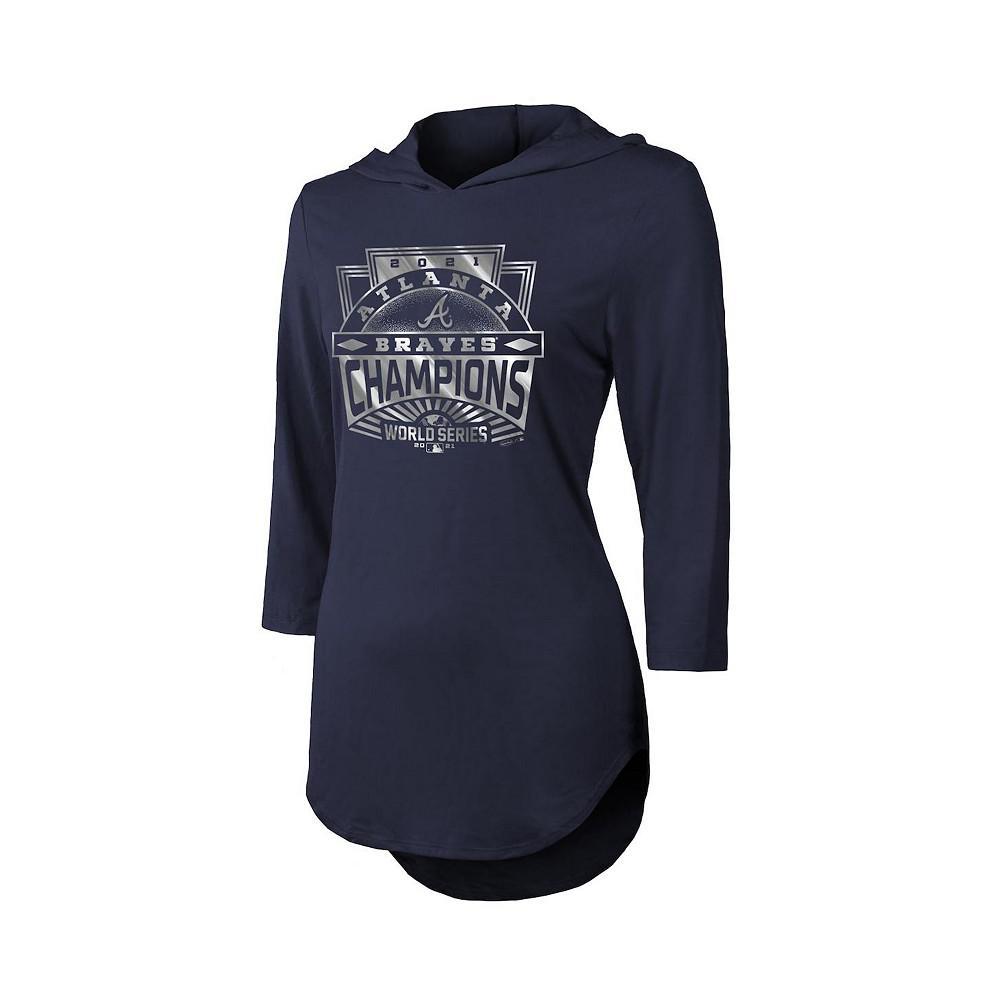 商品Majestic|Women's Threads Navy Atlanta Braves 2021 World Series Champions Hilo 3/4-Sleeve Hoodie T-shirt,价格¥493,第4张图片详细描述