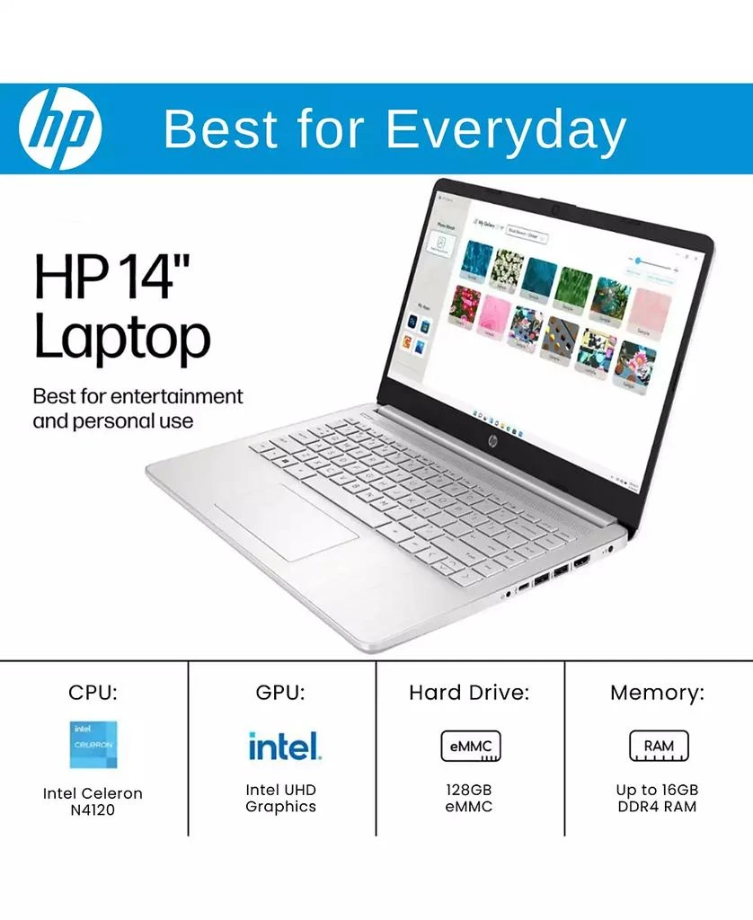 商品HP|Essential 14" Daily Traditional Laptop Intel Celeron N4120 4GB RAM Intel UHD Graphics 128GB eMMC Storage Windows 11 Home HD 60Hz - Silver,价格¥1784,第3张图片详细描述