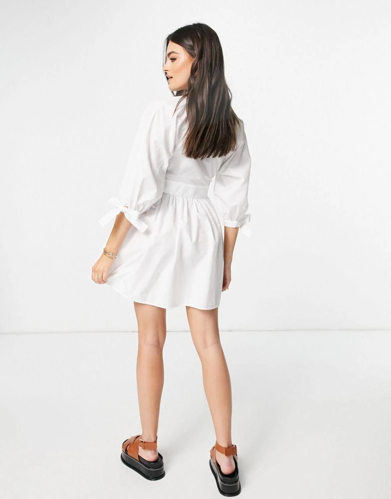 商品ASOS|ASOS DESIGN cotton poplin button detail mini smock dress with tie sleeves in white,价格¥98,第2张图片详细描述