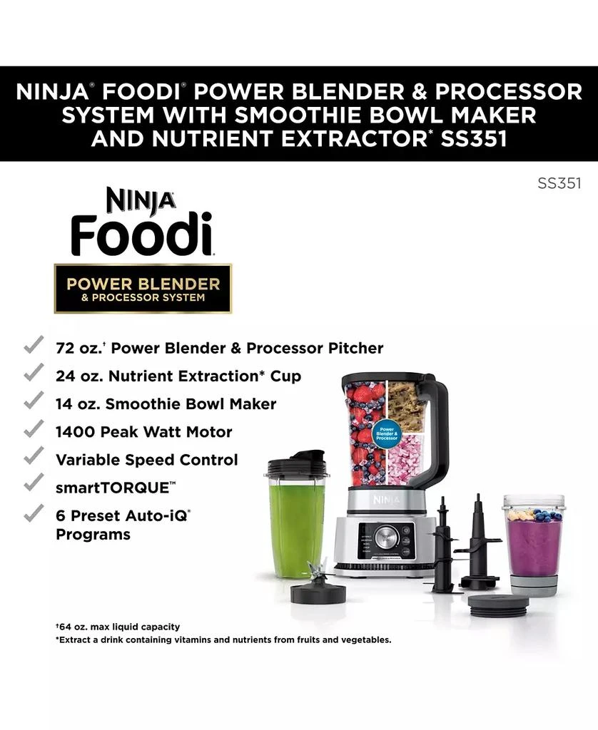 商品Ninja|Foodi® Power Blender & Processor System with Smoothie Bowl Maker and Nutrient Extractor* + 4in1 Blender 1400WP,价格¥1639,第2张图片详细描述