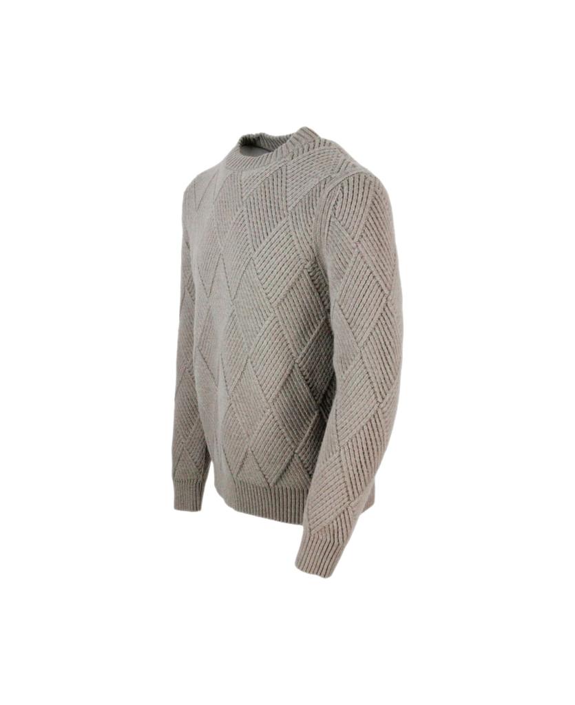Long Sleeve Round Neck Sweater In 100% Cashmere With English Rib Diamond Pattern商品第2张图片规格展示