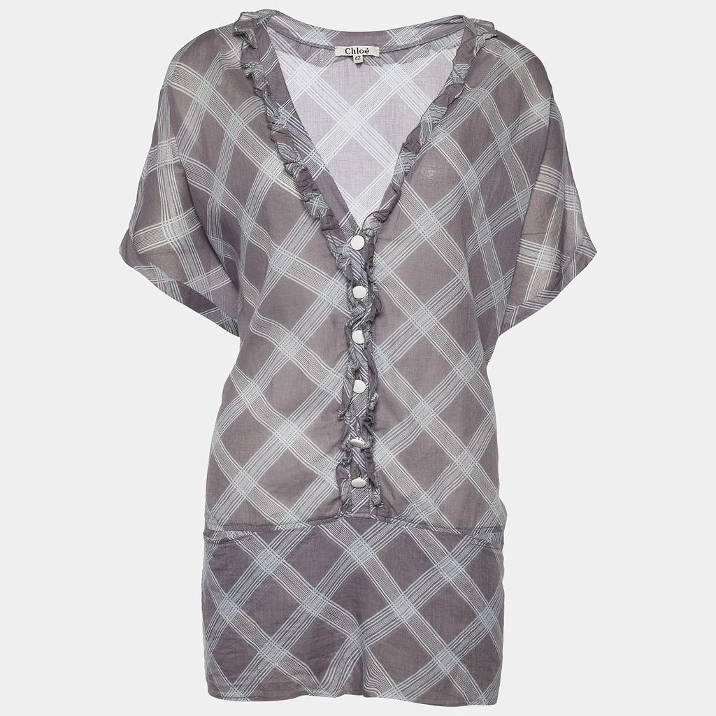 商品[二手商品] Chloé|Chloe Grey Check Print Cotton Ruffle Detail Oversized Blouse L,价格¥818,第1张图片