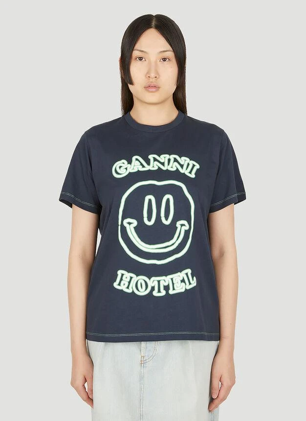 商品Ganni|Smiley Hotel Print T-Shirt in Navy,价格¥471,第1张图片