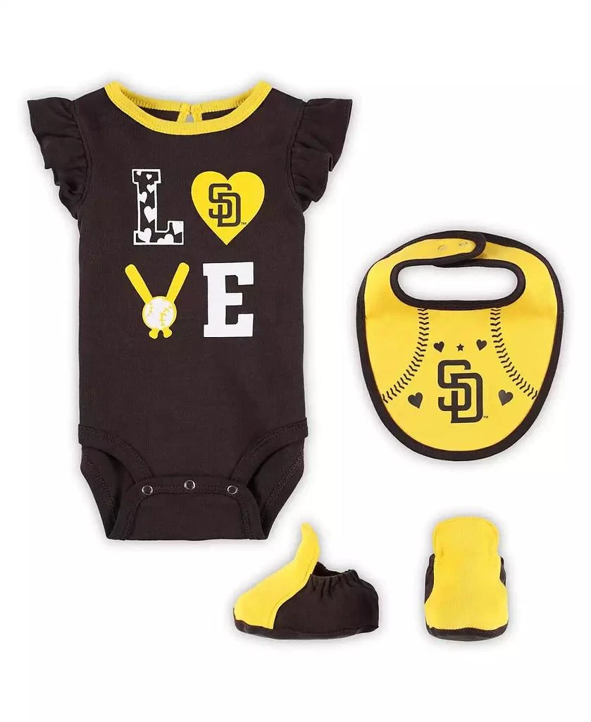 商品Outerstuff|Newborn and Infant Boys and Girls Brown, Gold San Diego Padres Three-Piece Love of Baseball Bib Bodysuit and Booties Set,价格¥241,第1张图片