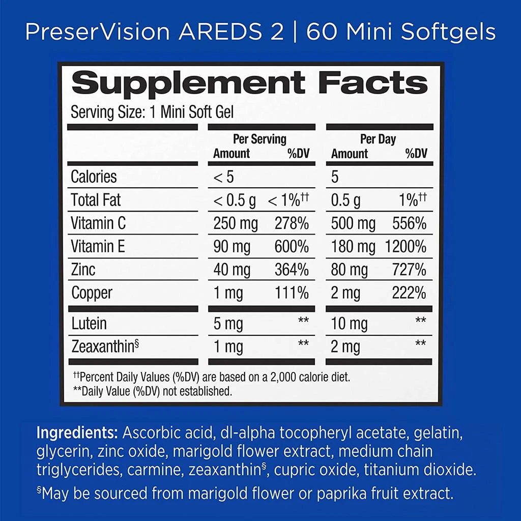 商品PreserVision|PreserVision AREDS 2 Eye Vitamin & Mineral Supplement, Contains Lutein, Vitamin C, Zeaxanthin, Zinc & Vitamin E, 60 Minigels (Packaging May Vary),价格¥167,第5张图片详细描述