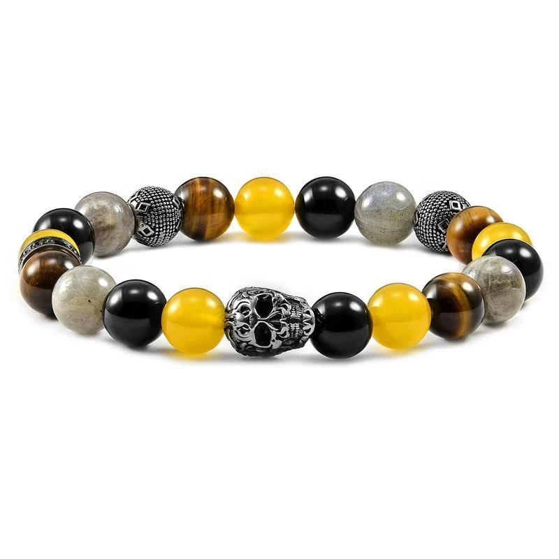 商品Crucible Jewelry|Crucible Los Angeles Single Skull Stretch Bracelet with 10mm Polished Black Onyx, Labradorite, Yellow Jade and Tiger Eye Beads,价格¥388,第4张图片详细描述