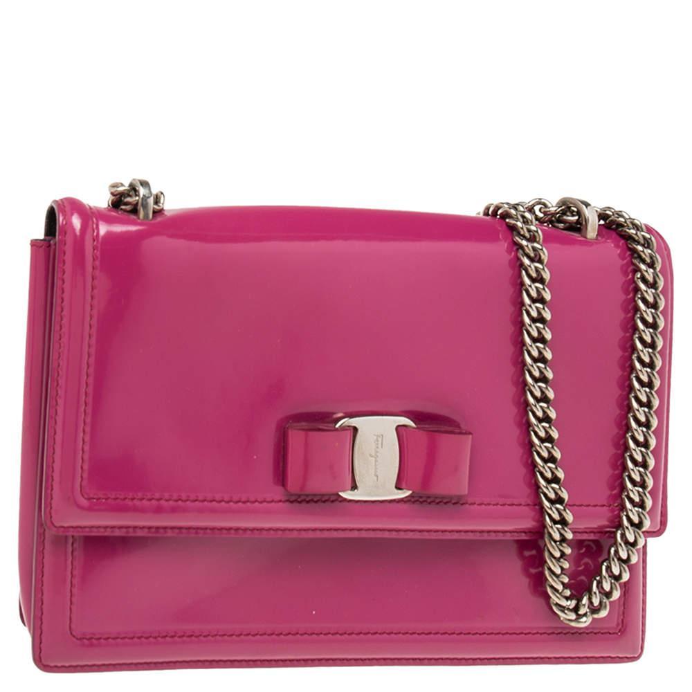 商品[二手商品] Salvatore Ferragamo|Salvatore Ferragamo Fuchsia Patent Leather Vara Bow Chain Shoulder Bag,价格¥2320,第5张图片详细描述