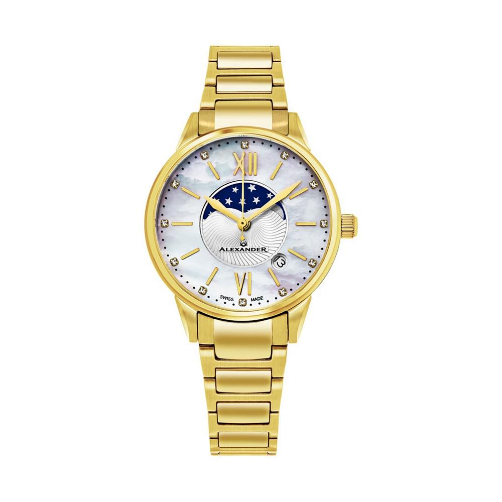 Alexander Watch AD204B-05, Ladies Quartz Moonphase Date Watch with Yellow Gold Tone Stainless Steel Case on Yellow Gold Tone Stainless Steel Bracelet商品第1张图片规格展示