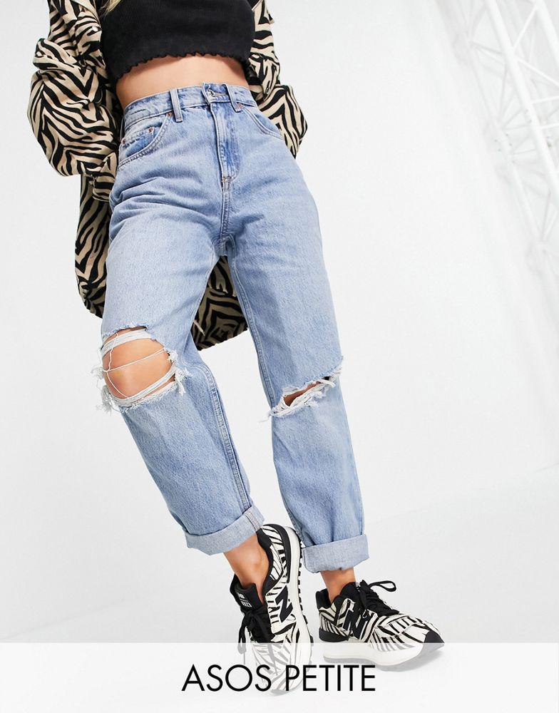 ASOS DESIGN Petite high rise 'slouchy' mom jeans with rips in stonewash blue商品第1张图片规格展示