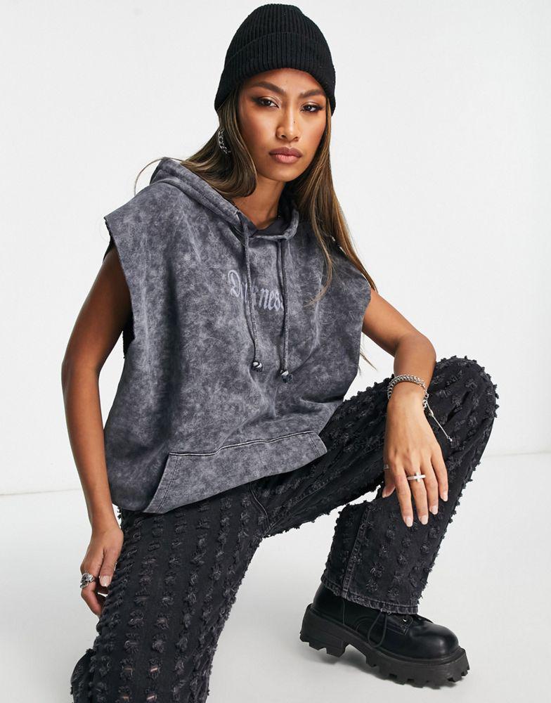 ASOS DESIGN graphic rock sleeveless hoodie in charcoal商品第4张图片规格展示