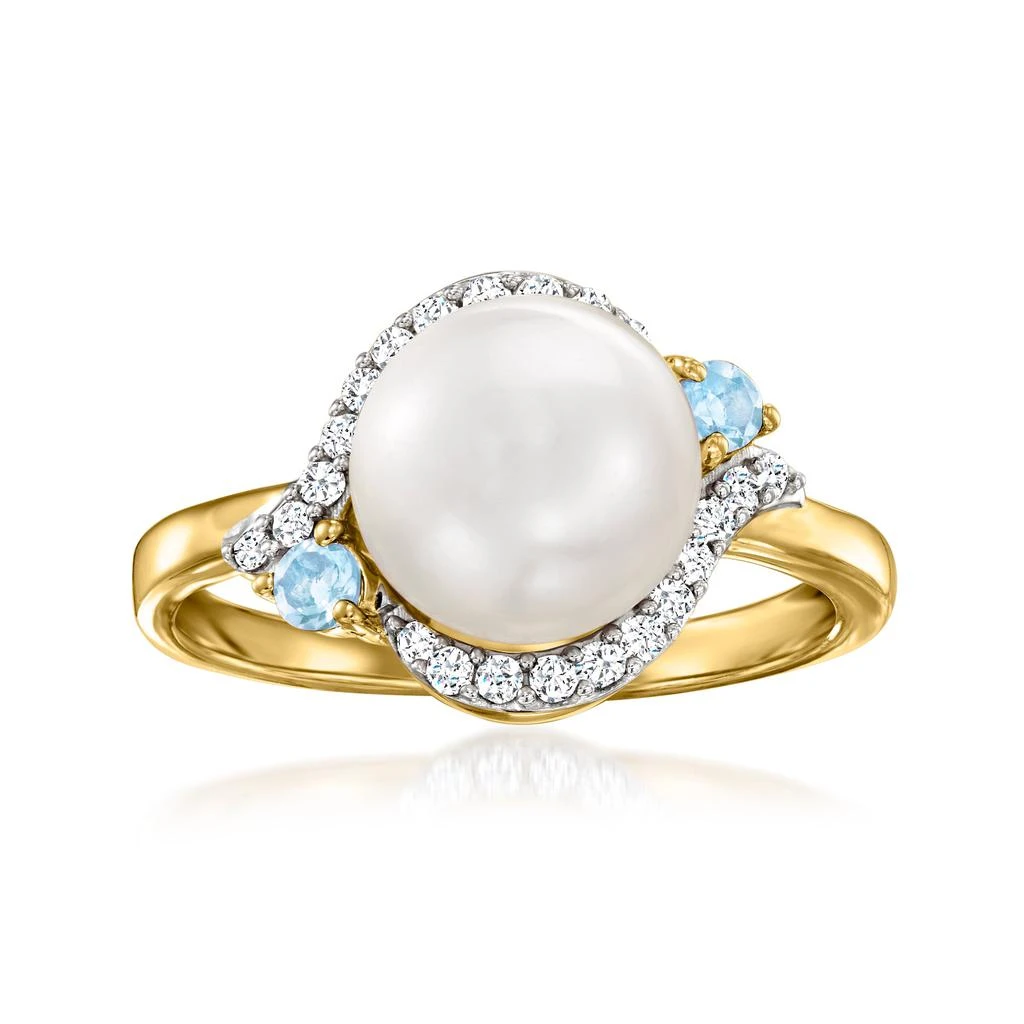 商品Ross-Simons|8.5-9mm Cultured Pearl, White Zircon and . Swiss Blue Topaz Ring in 18kt Gold Over Sterling,价格¥823,第1张图片