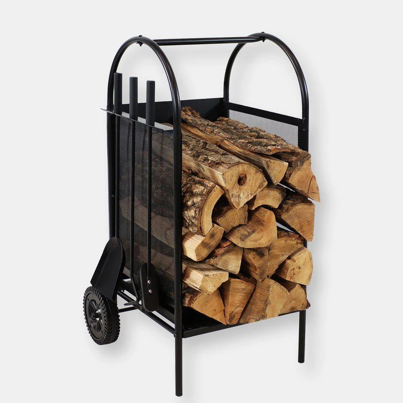 商品Sunnydaze Decor|Sunnydaze 4-Piece Steel Firewood Log Rack Cart with Fireplace Tools,价格¥678,第2张图片详细描述