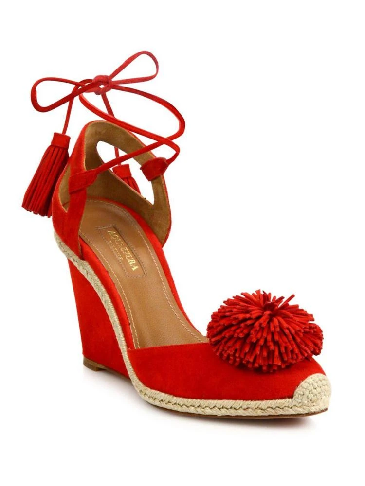 商品Aquazzura|Sunshine Pom-Pom Suede Wedge Espadrilles,价格¥2025,第1张图片