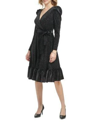 商品Karl Lagerfeld Paris|Glitter Velvet Puff Sleeve Midi Dress,价格¥676,第4张图片详细描述