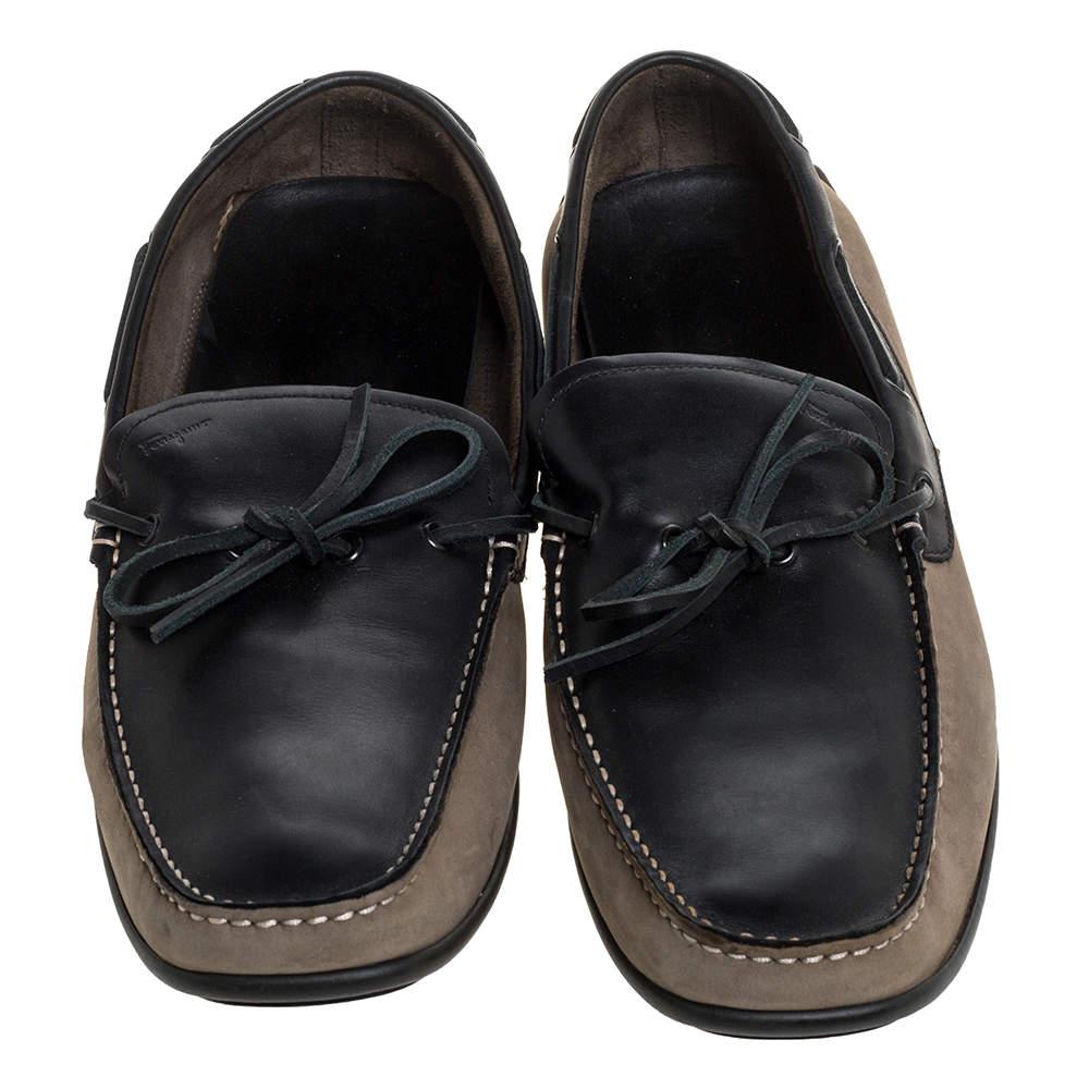 Salvatore Ferragamo Brown/Grey Nubuck Leather Bow Slip On Loafers Size 46商品第3张图片规格展示