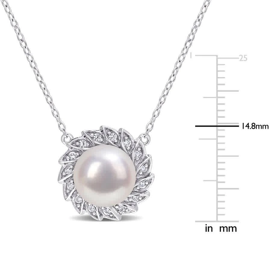 商品Amour|9.5-10mm Freshwater Cultured Pearl and 1/6 CT TGW Created White Sapphire Halo Pearl Pendant with Chain In Sterling Silver,价格¥513,第2张图片详细描述